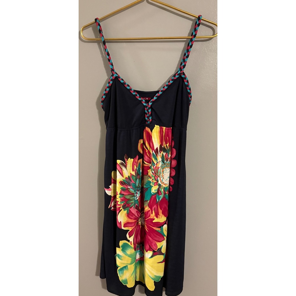Silvergate Womens Navy Floral Braided Strap Mini Dress Size Large Summer Boho